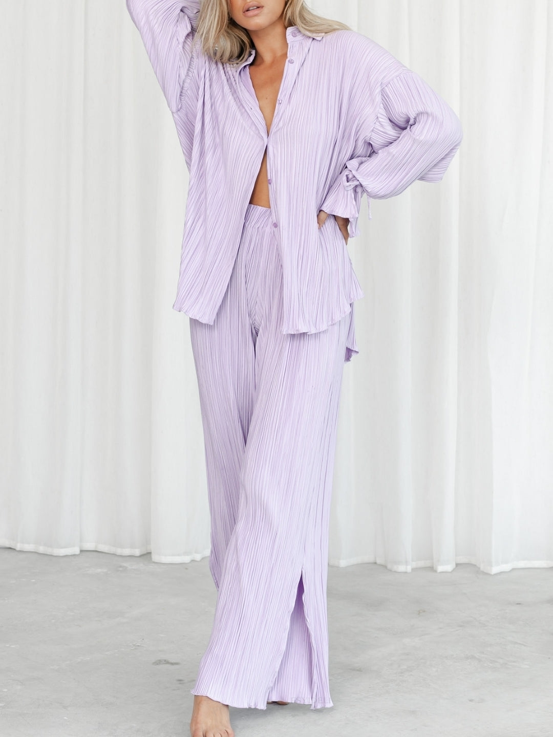 Purple Shirt Collar Polyester Long Sleeves Solid Shirt & Trousers Set