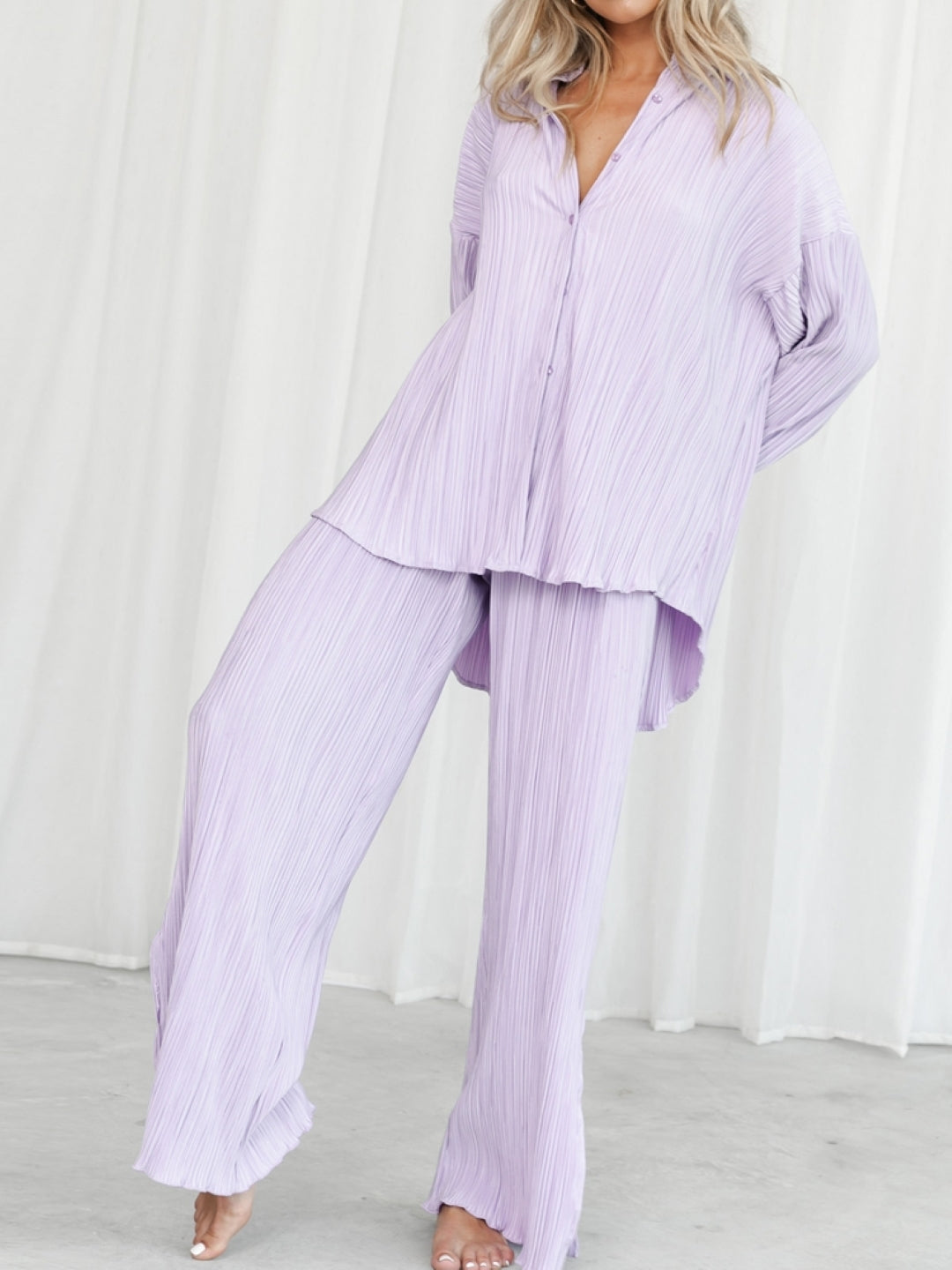 Purple Shirt Collar Polyester Long Sleeves Solid Shirt & Trousers Set