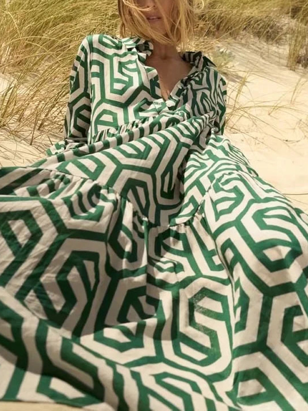 Green Shirt Collar A-Line Geometric Long Sleeves Maxi Polyester Dress