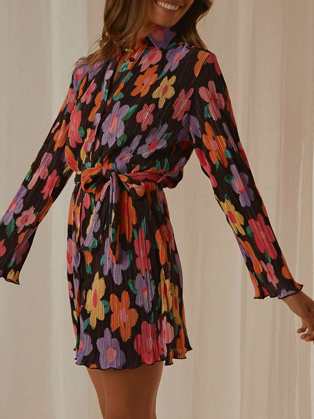 Black Shirt Collar A-Line Floral Long Sleeves Above Knee Polyester Dress