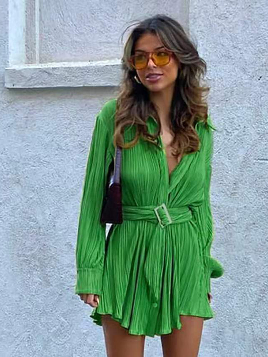 Green Shirt Collar A-Line Solid Long Sleeves Above Knee Polyester Dress