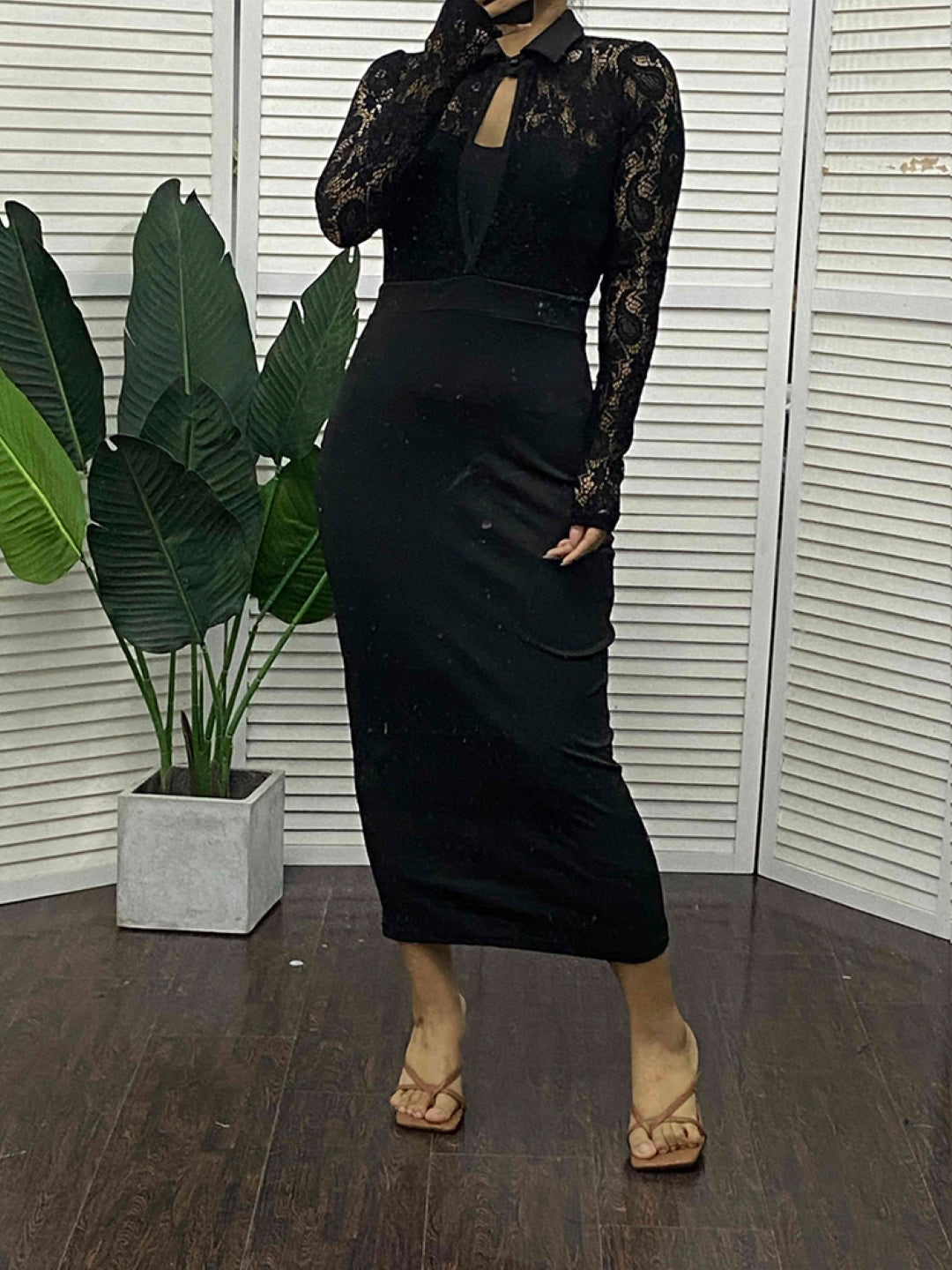 Black Shirt Collar Bodycon Solid Long Sleeves Maxi Polyester Dress