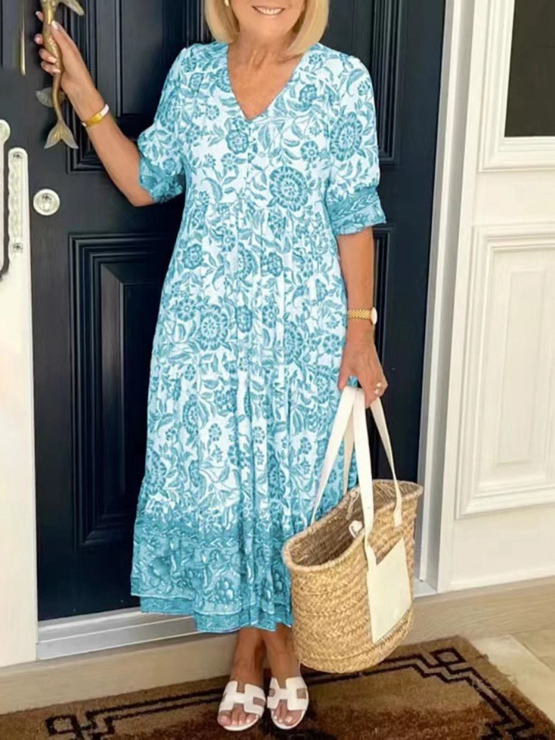 Blue V-Neck A-Line Floral Short Sleeves Maxi Polyester Dress