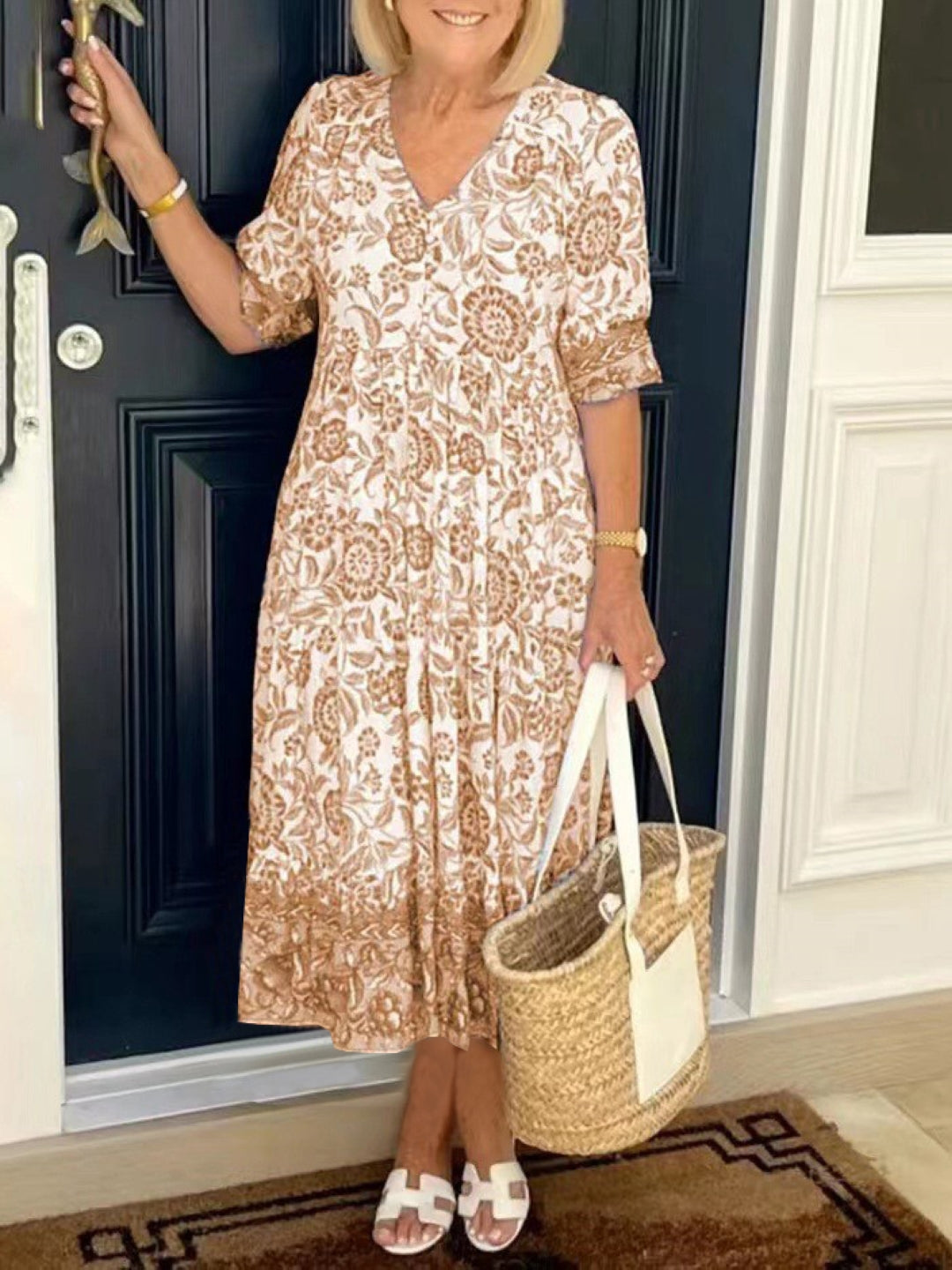 Brown V-Neck A-Line Floral Short Sleeves Maxi Polyester Dress