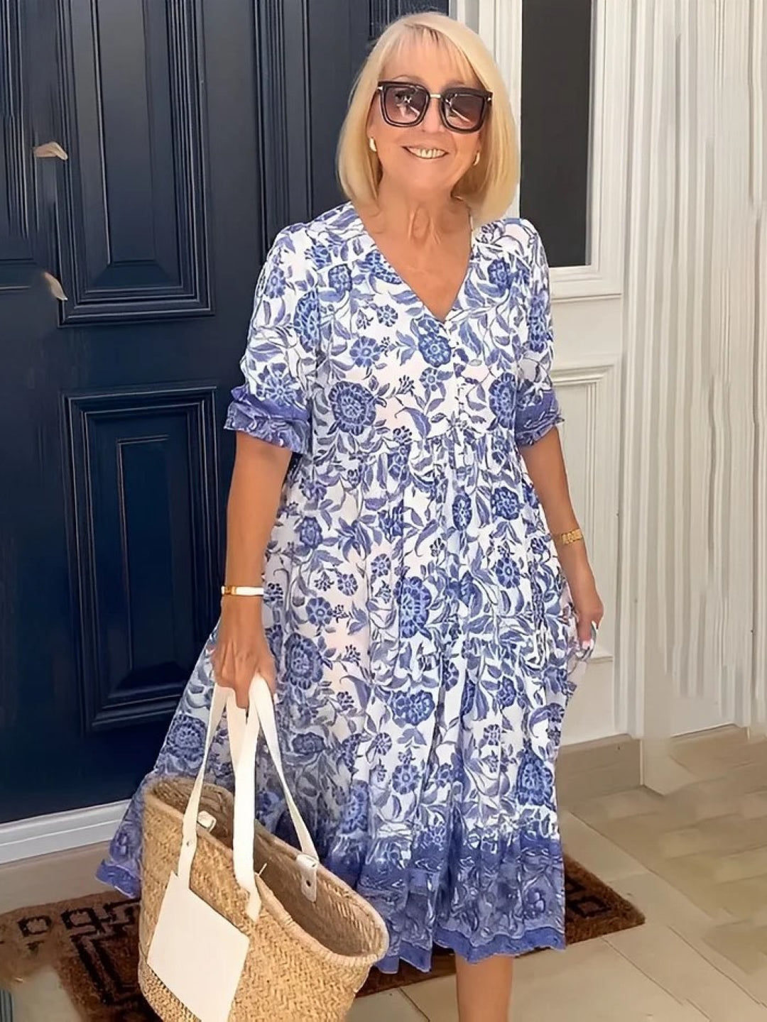 Navy Blue V-Neck A-Line Floral Short Sleeves Maxi Polyester Dress