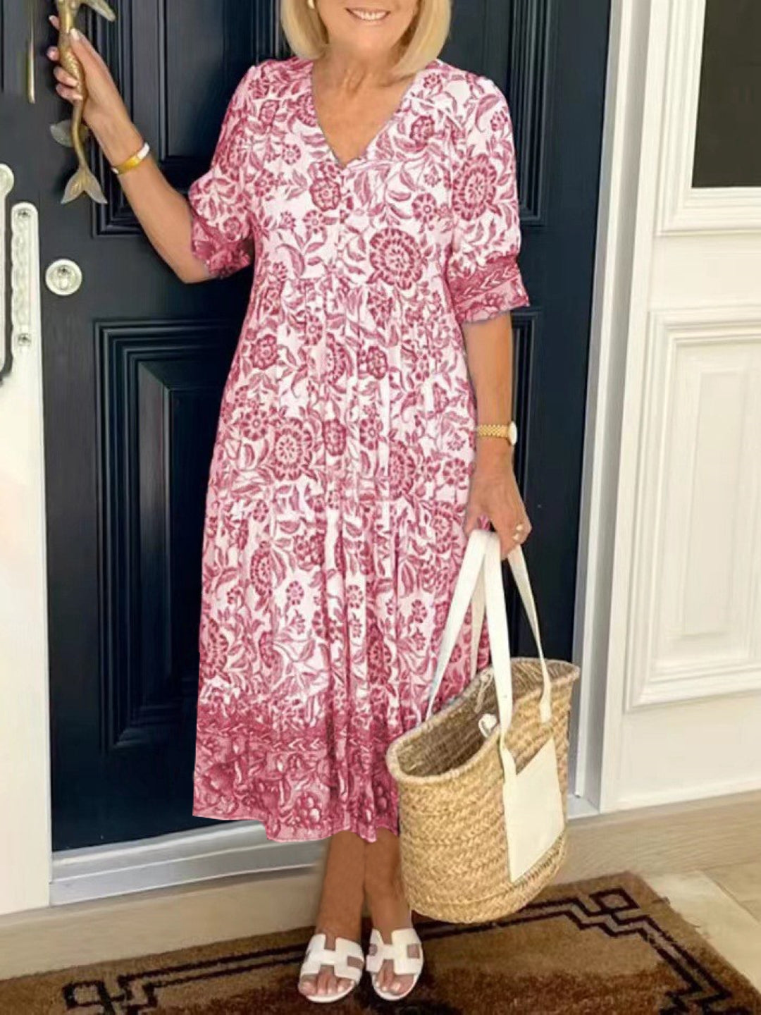 Pink V-Neck A-Line Floral Short Sleeves Maxi Polyester Dress