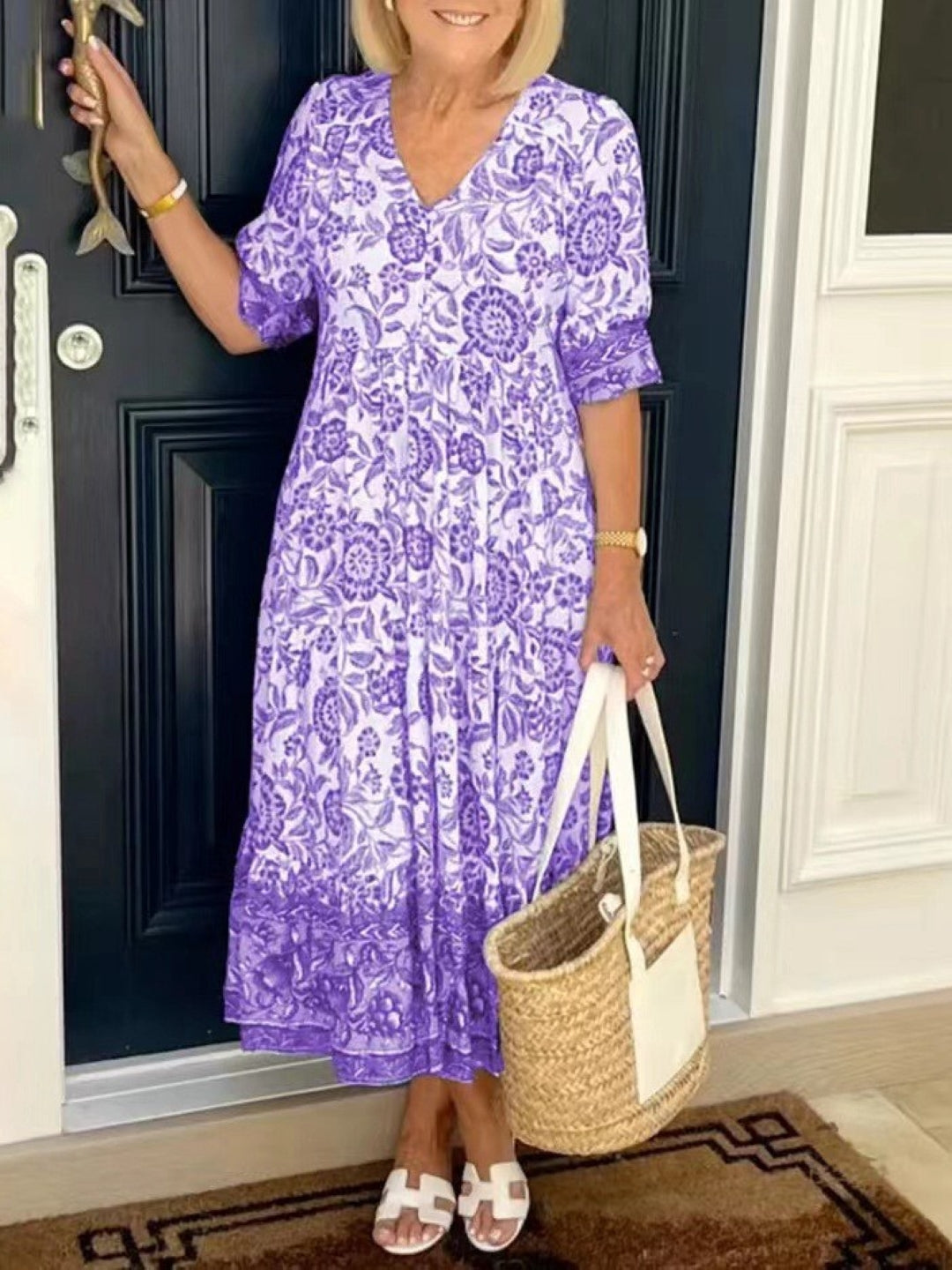 Purple V-Neck A-Line Floral Short Sleeves Maxi Polyester Dress