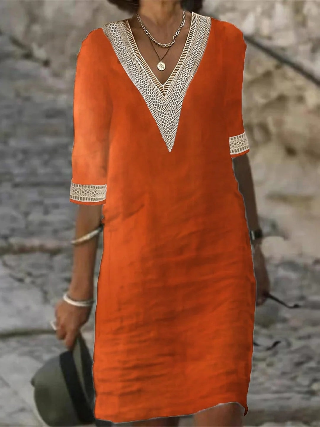 Orange V-Neck A-Line Solid Short Sleeves Knee Length Cotton Dress