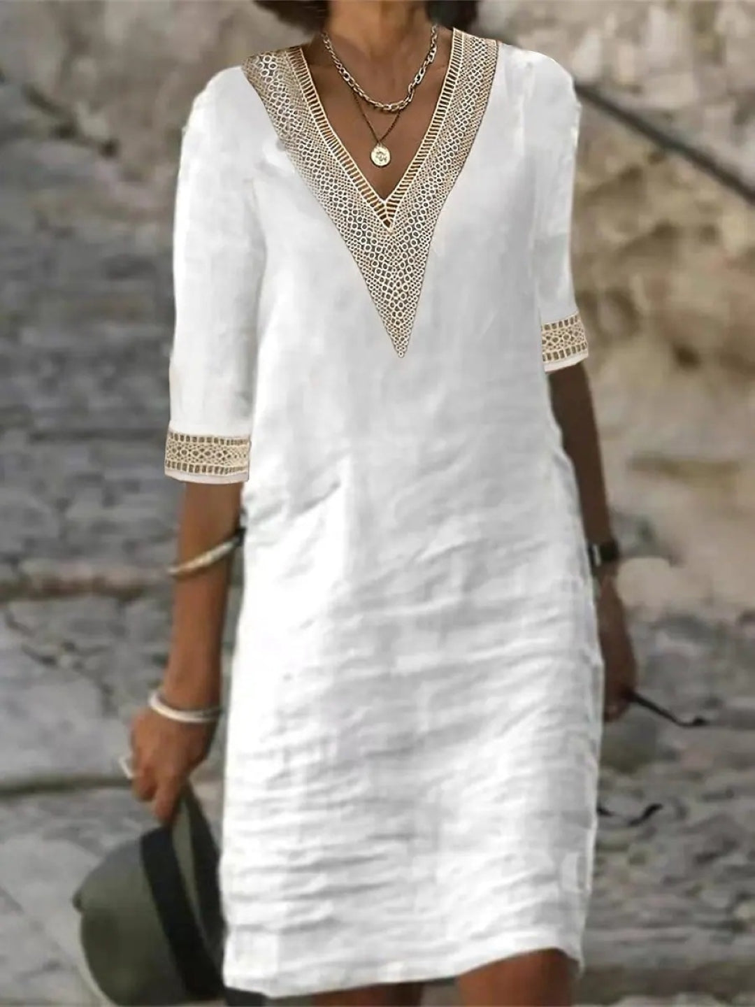 White V-Neck A-Line Solid Short Sleeves Knee Length Cotton Dress