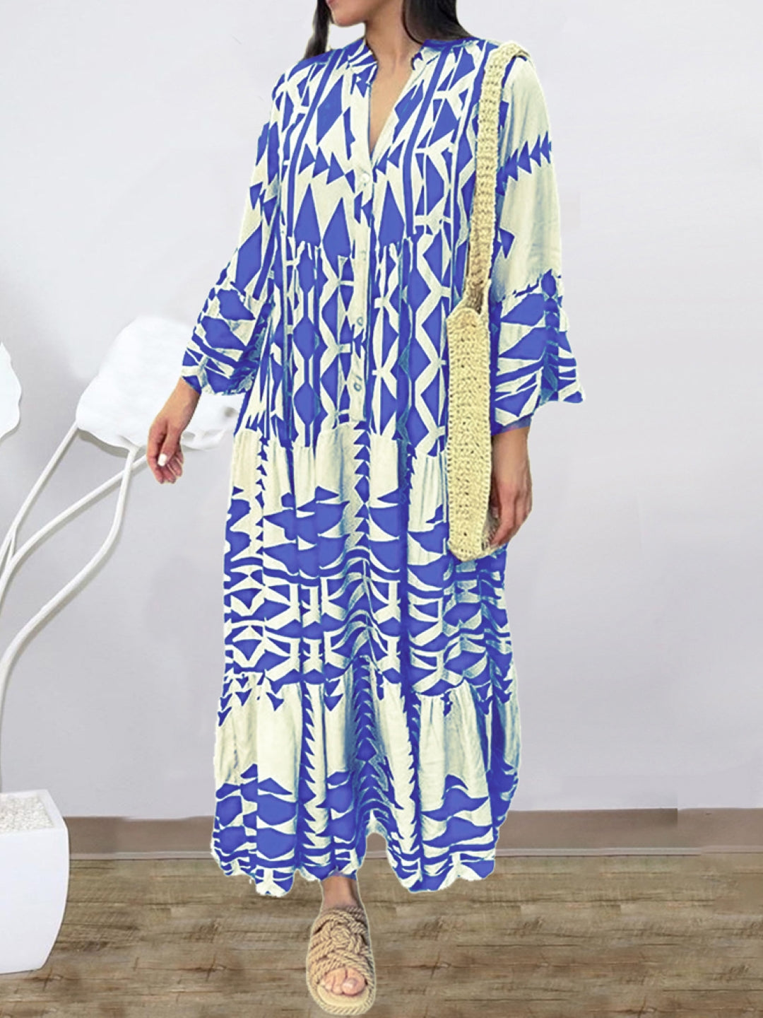 Blue V-Neck A-Line Geometric Long Sleeves Maxi Polyester Dress