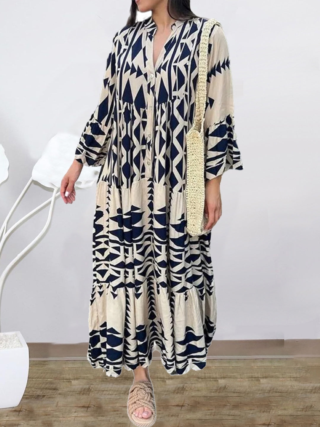 Navy Blue V-Neck A-Line Geometric Long Sleeves Maxi Polyester Dress