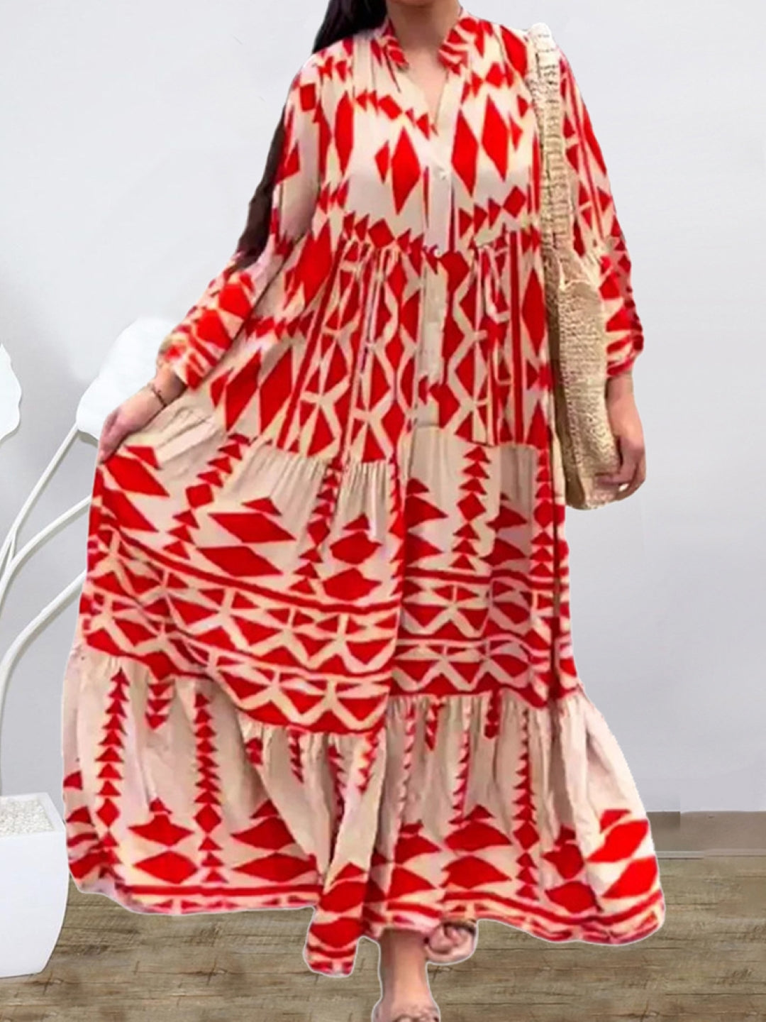 Red V-Neck A-Line Geometric Long Sleeves Maxi Polyester Dress