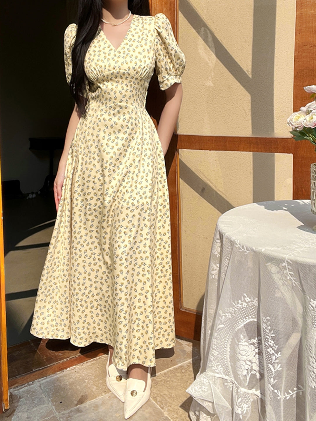 Yellow V-Neck Abstract Short Sleeves Maxi A-Line Polyester Dress