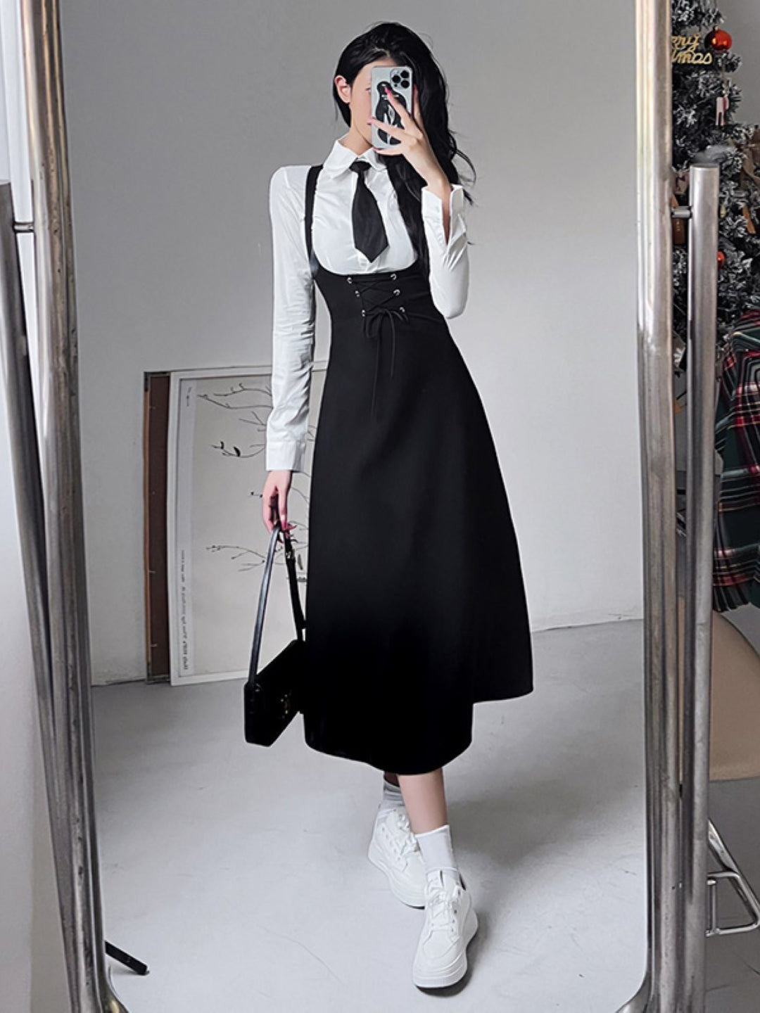 Black Shirt Collar Solid Long Sleeves Maxi A-Line Polyester Dress