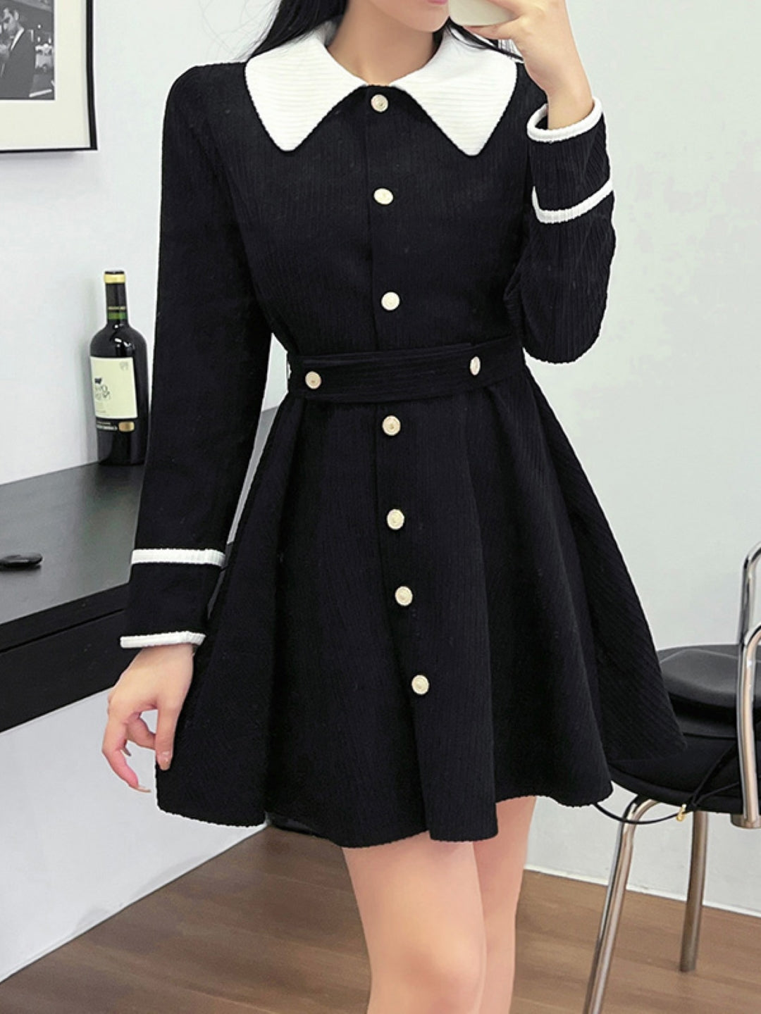 Black Shirt Collar Colourblocked Long Sleeves Above Knee A-Line Polyester Dress