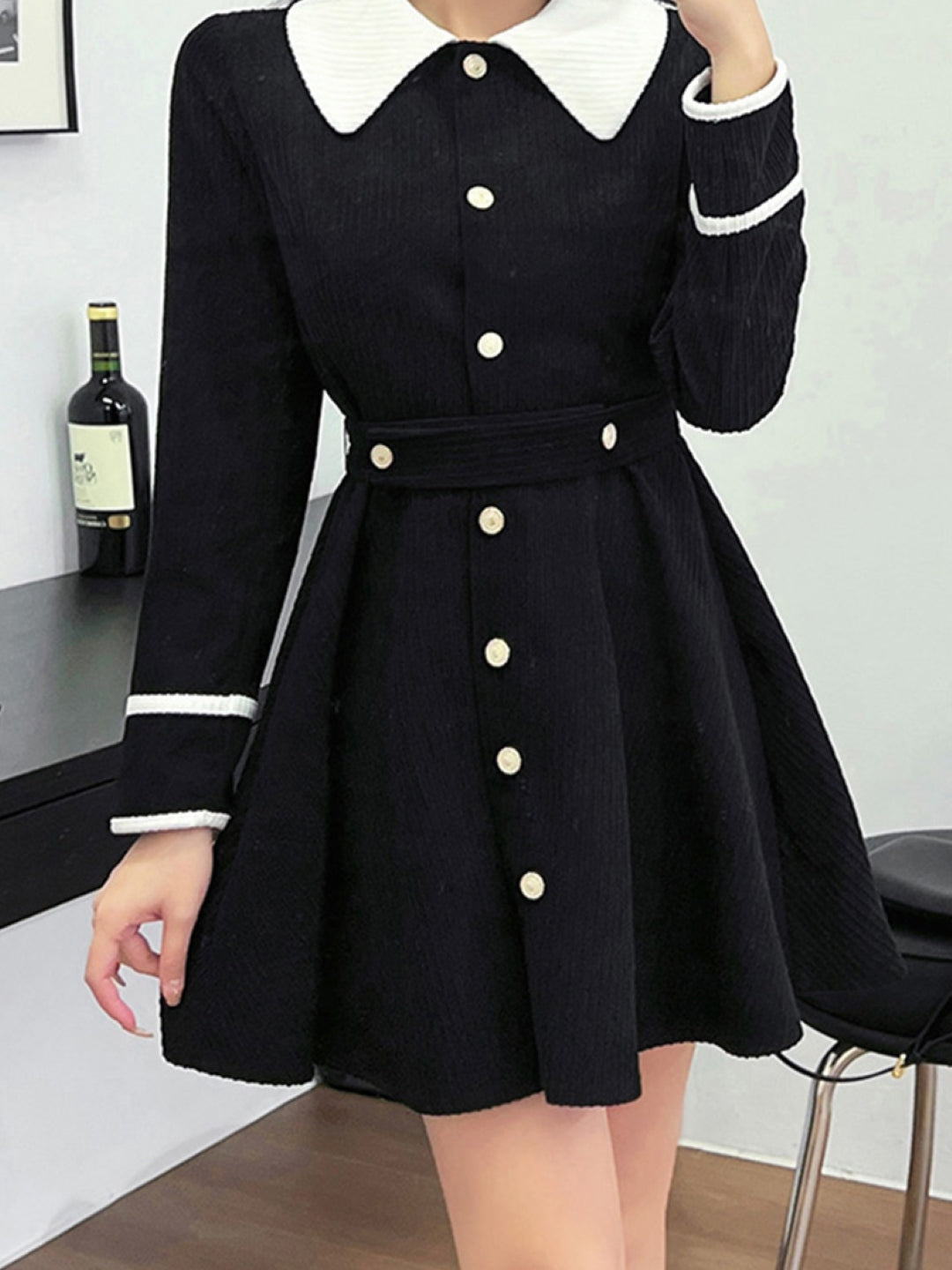 Black Shirt Collar Colourblocked Long Sleeves Above Knee A-Line Polyester Dress