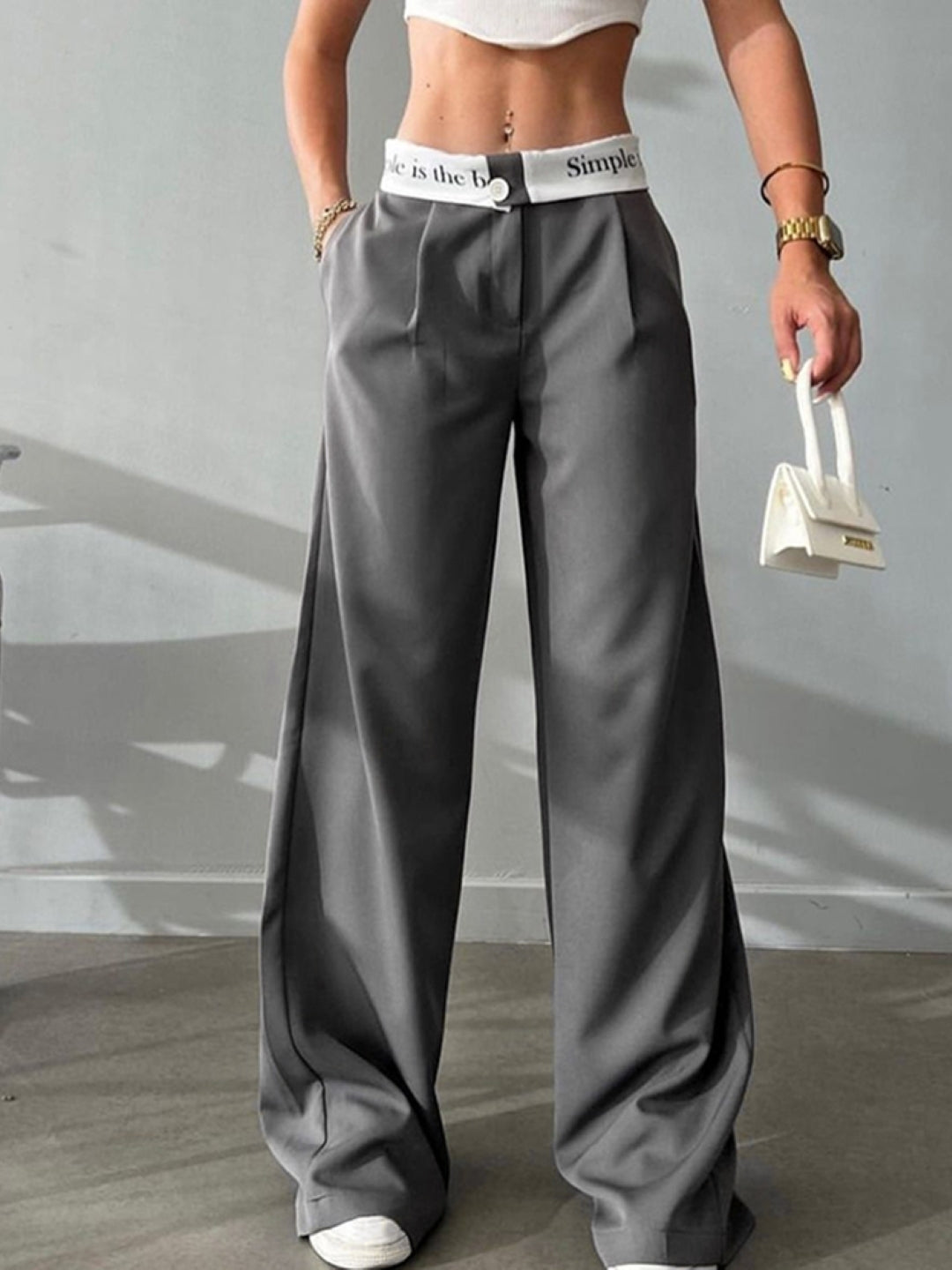 Grey Solid Regular Fit Button Polyester Trouser