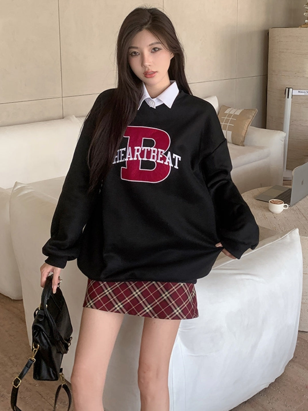 Black Shirt Collar Long Sleeves Solid Pullover Polyester Sweatshirt