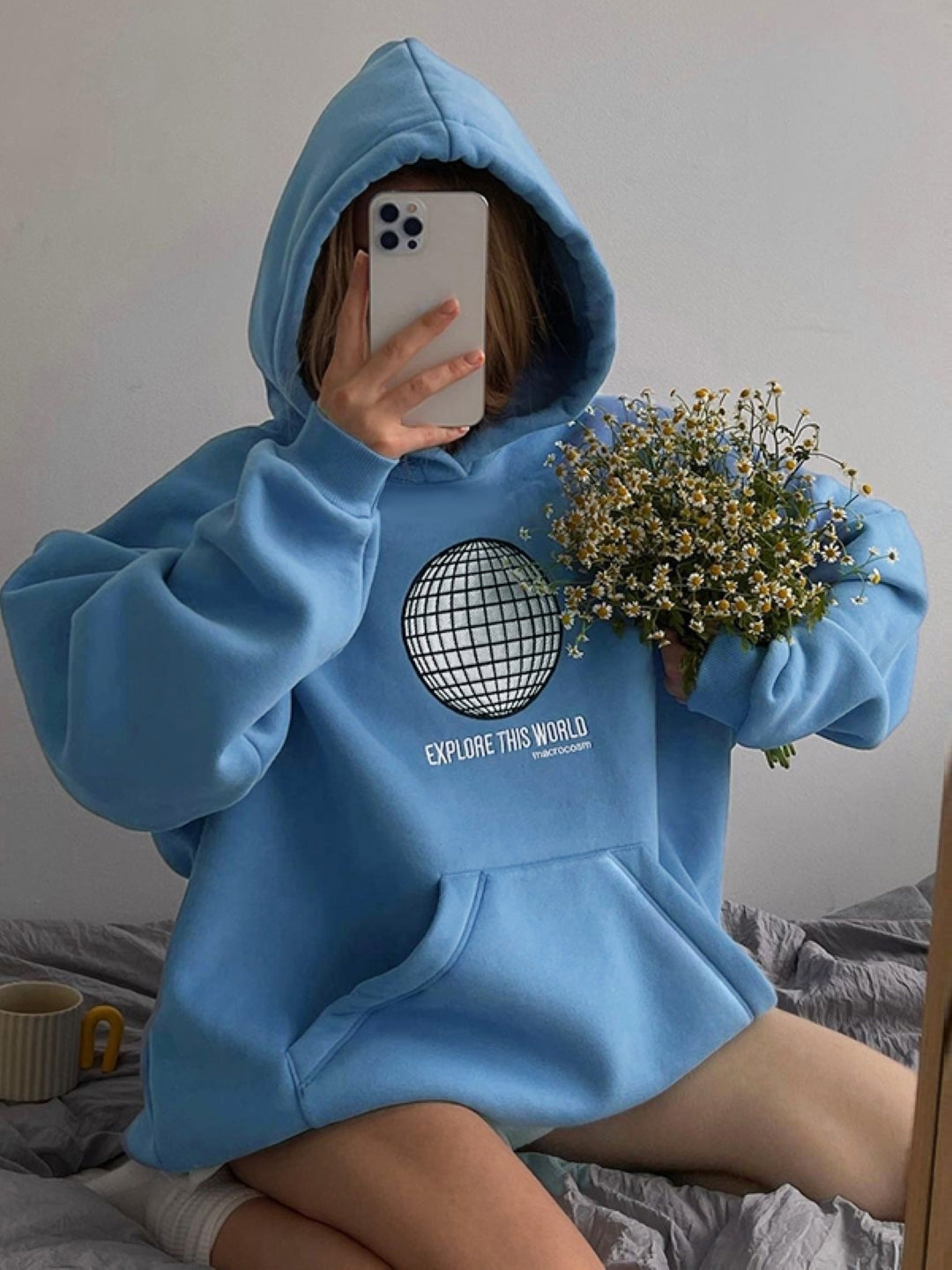 Blue Hood Long Sleeves Typography Pullover Polyester Hoodie