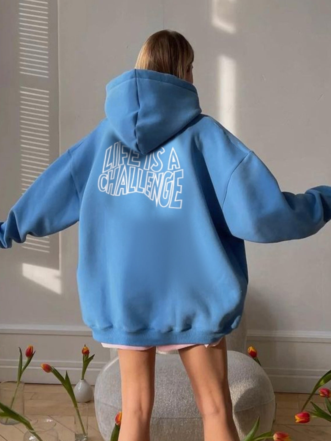 Blue Hood Long Sleeves Typography Pullover Polyester Hoodie