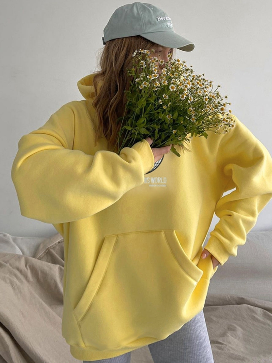 Yellow Hood Long Sleeves Typography Pullover Polyester Hoodie