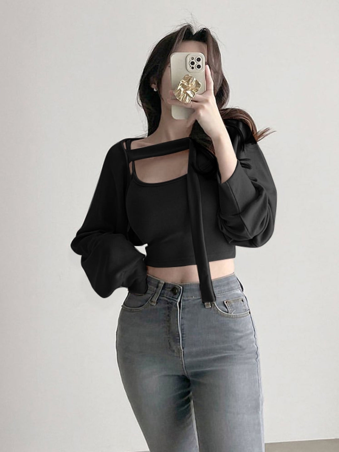 Black Round Neck Long Sleeves Top & Trousers Set