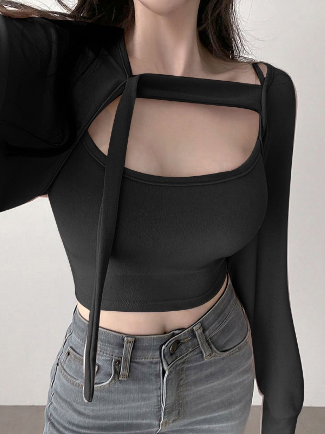 Black Round Neck Long Sleeves Top & Trousers Set