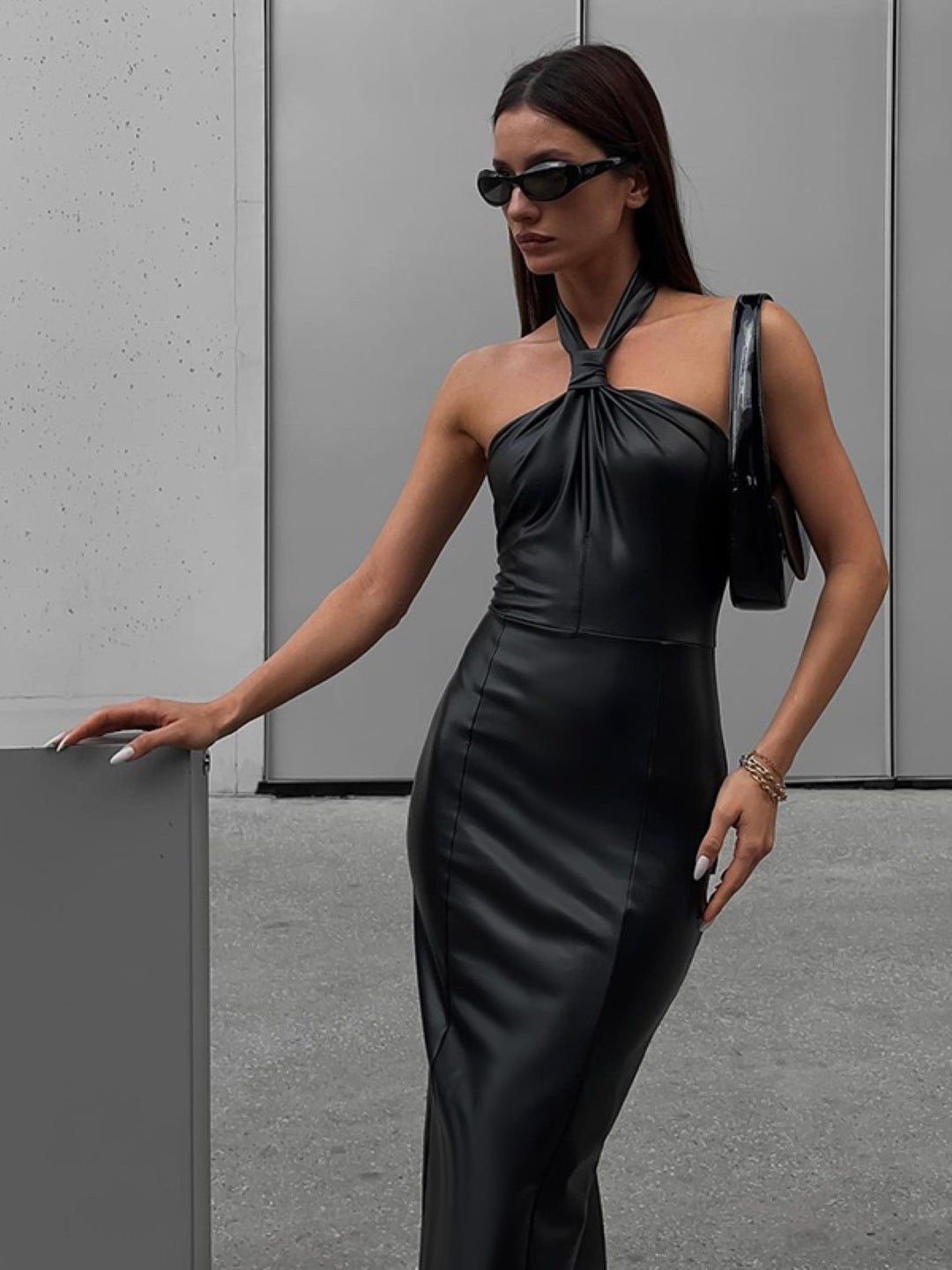 Black V-Neck Solid Sleeveless Maxi Bodycon Polyester Dress