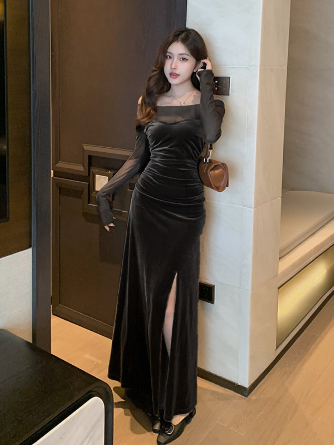 Black Off-Shoulder Solid Long Sleeves Maxi Bodycon Polyester Dress