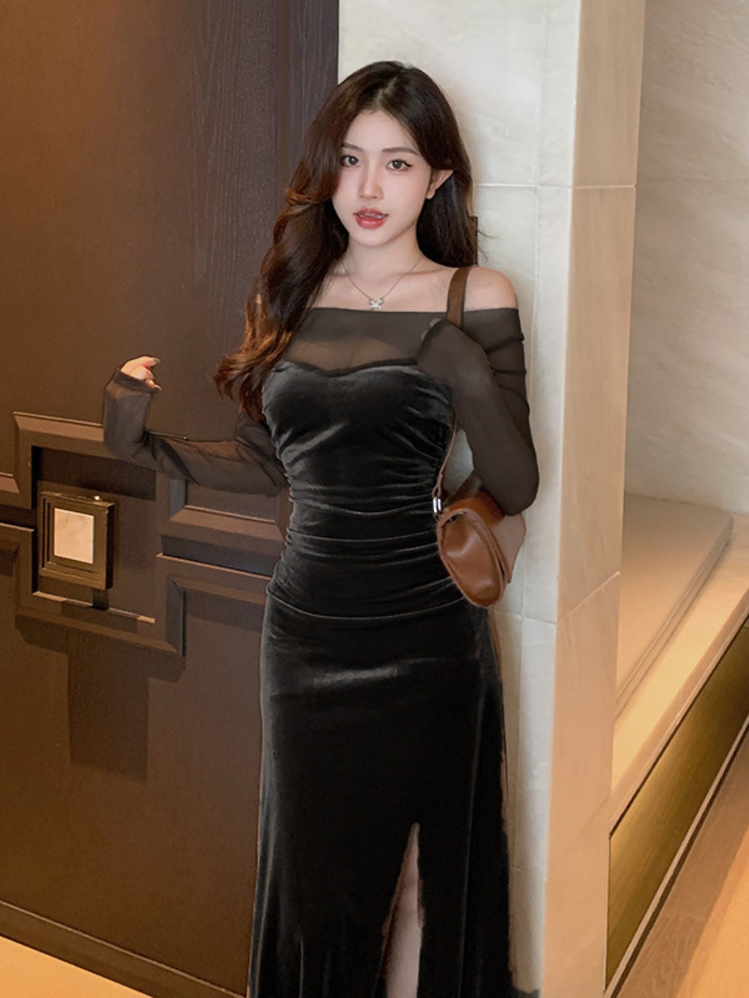 Black Off-Shoulder Solid Long Sleeves Maxi Bodycon Polyester Dress