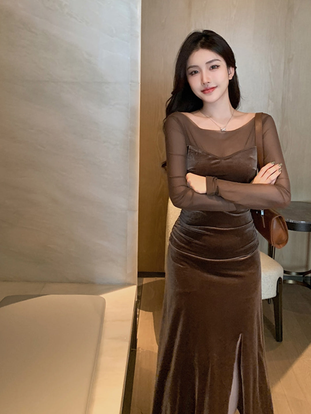 Brown Off-Shoulder Solid Long Sleeves Maxi Bodycon Polyester Dress