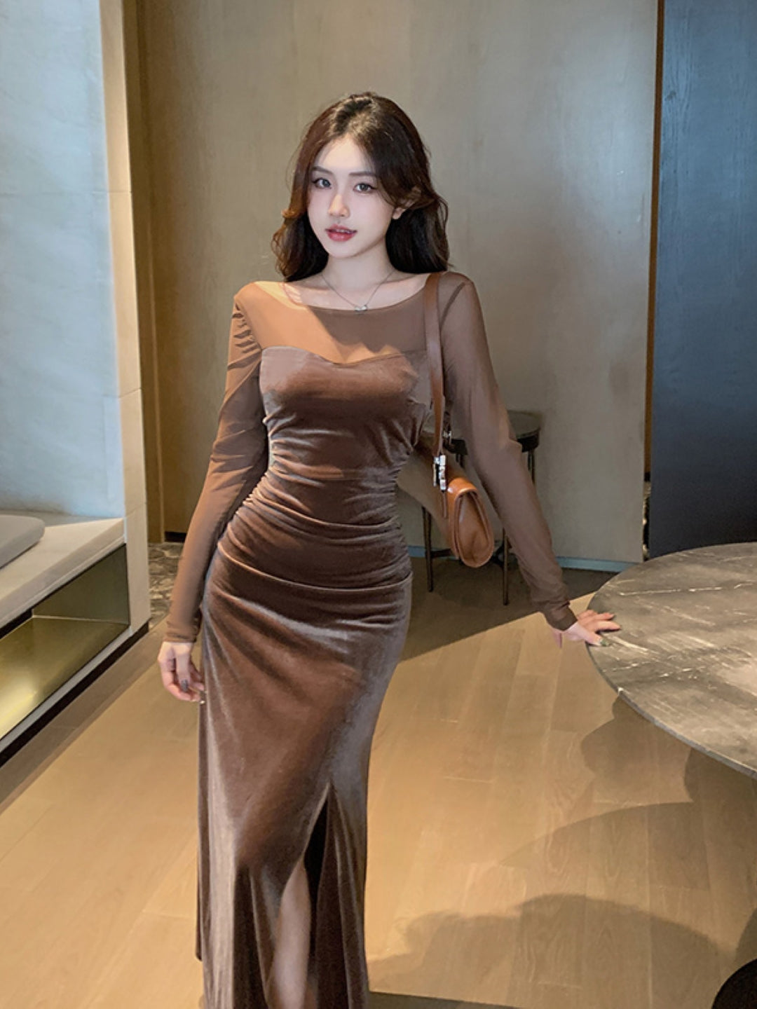 Brown Off-Shoulder Solid Long Sleeves Maxi Bodycon Polyester Dress