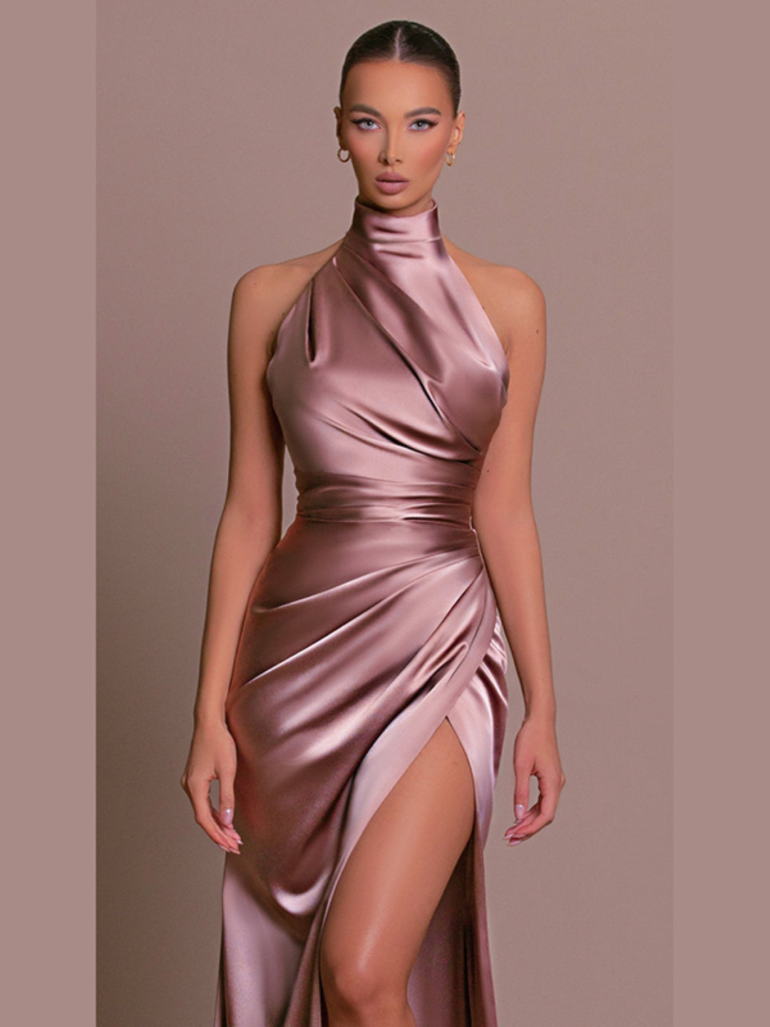 Pink High Neck Solid Sleeveless Maxi Bodycon Polyester Dress