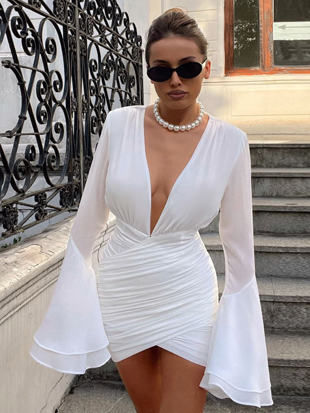 White V-Neck Solid Long Sleeves Above Knee Bodycon Polyester Dress