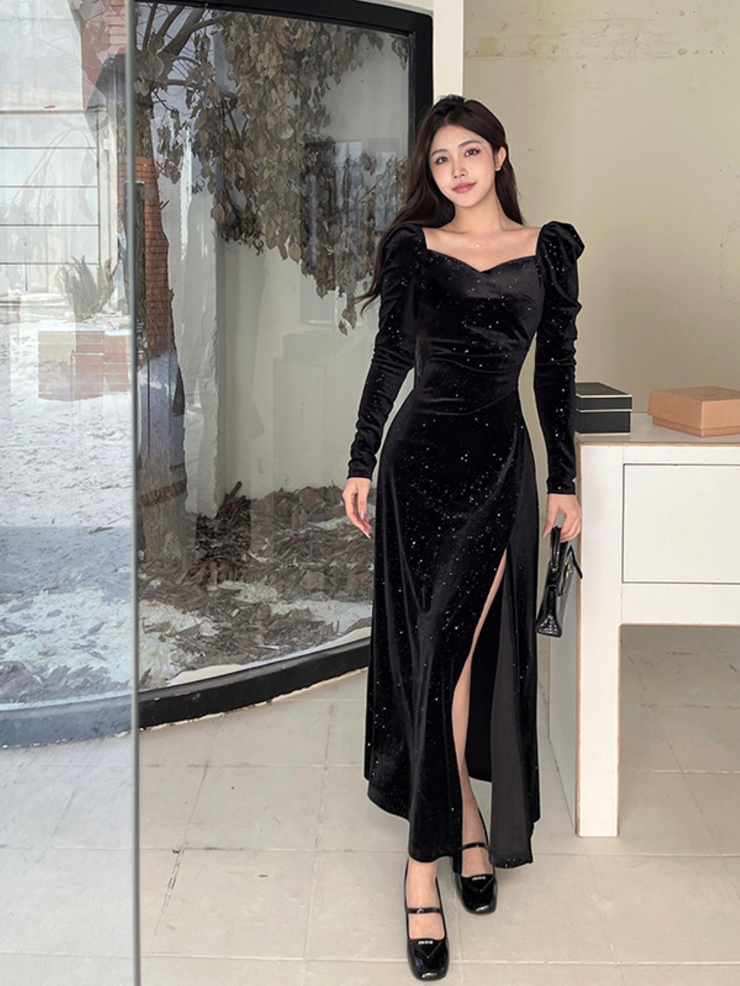 Black V-Neck Solid Long Sleeves Maxi A-Line Polyester Dress