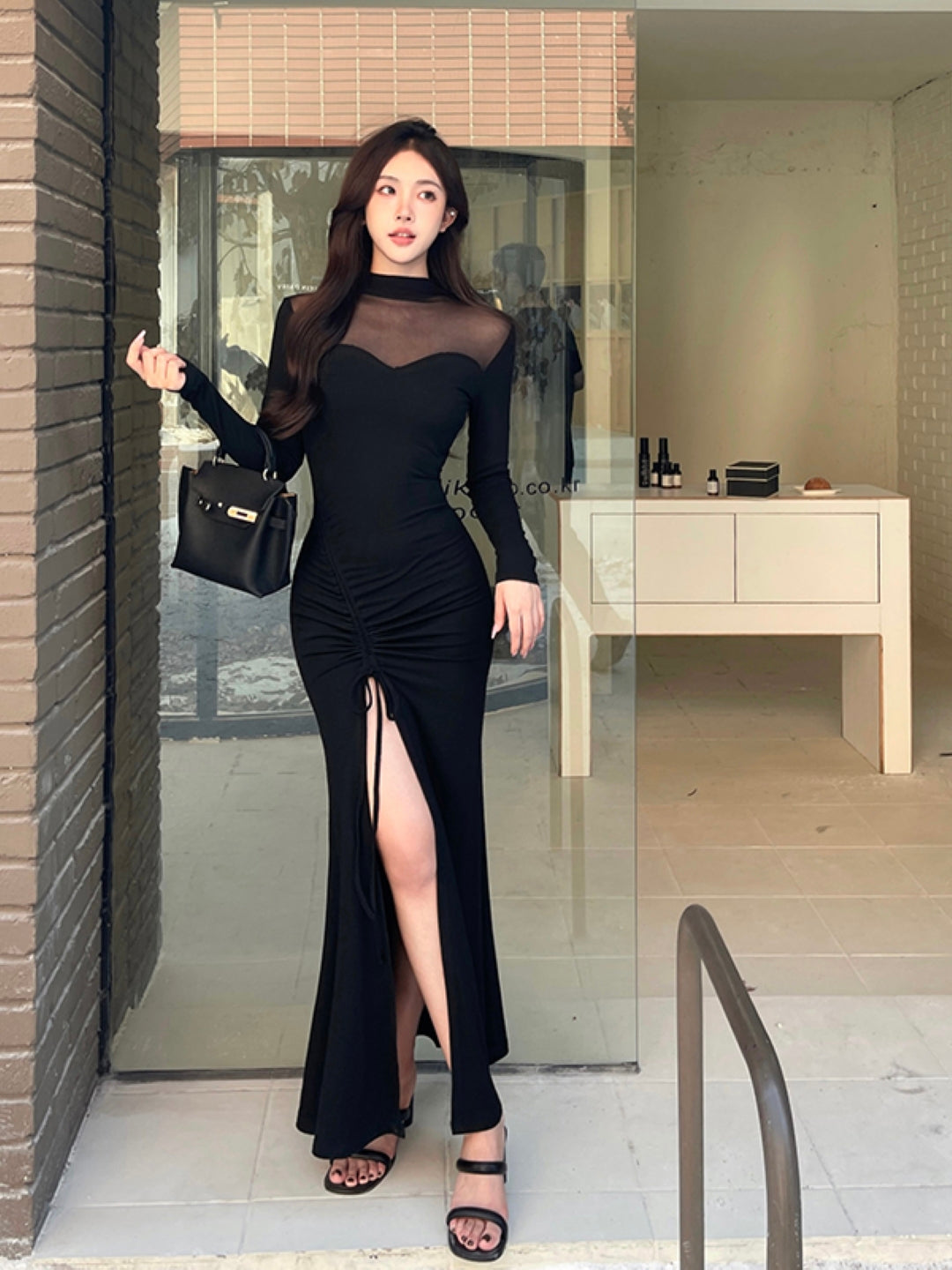 Black High Neck Solid Long Sleeves Maxi Bodycon Polyester Dress