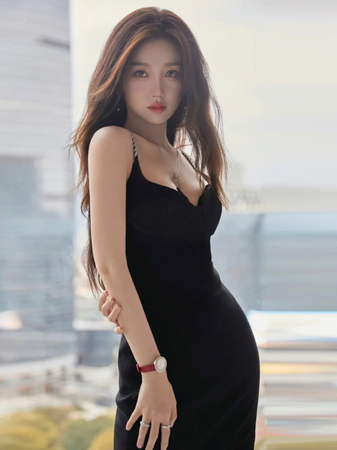 Black V-Neck Solid Sleeveless Maxi Bodycon Polyester Dress