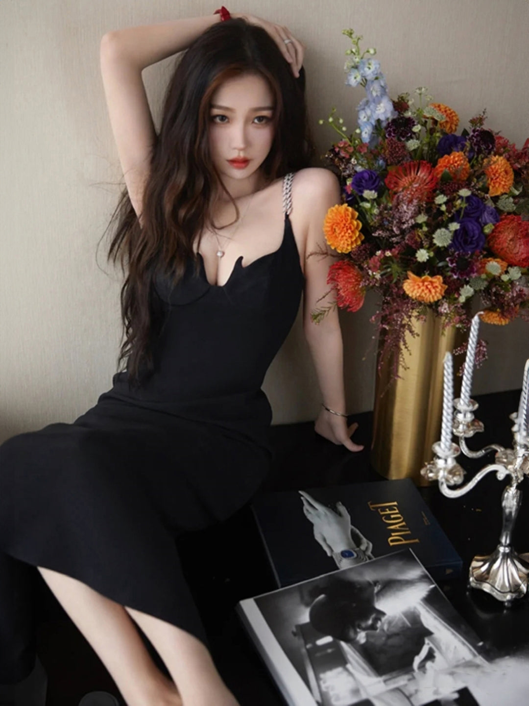 Black V-Neck Solid Sleeveless Maxi Bodycon Polyester Dress