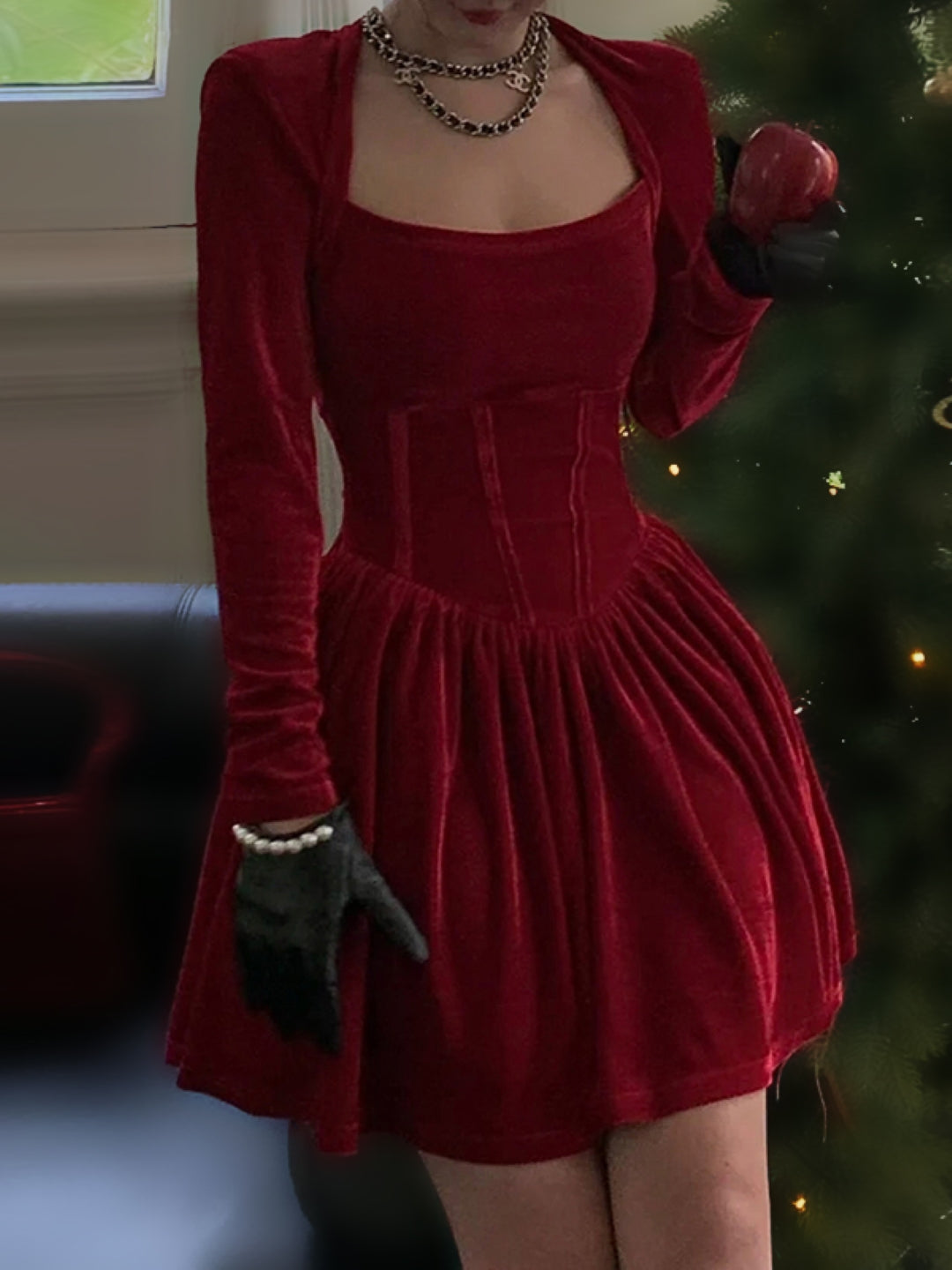 Red Cowl Neck Solid Long Sleeves Above Knee A-Line Polyester Dress