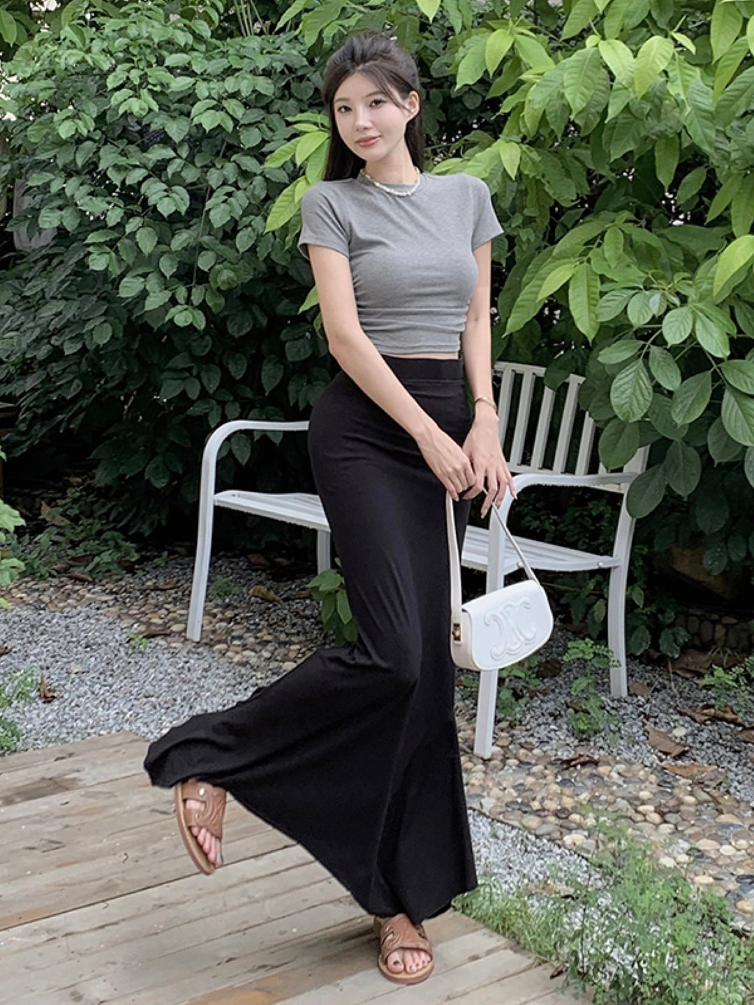 Black Solid A-Line Maxi Slip-On Polyester Skirt