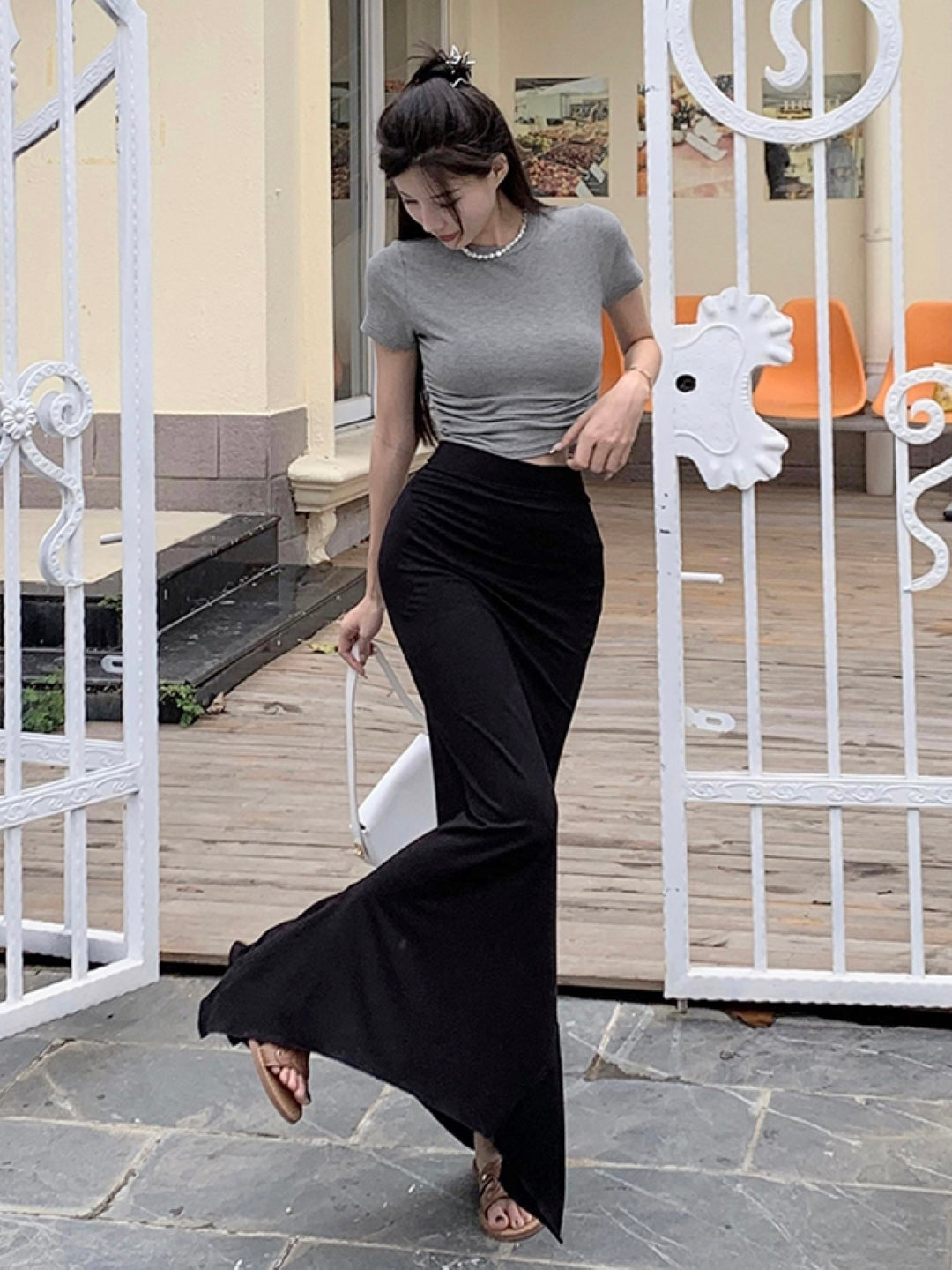 Black Solid A-Line Maxi Slip-On Polyester Skirt