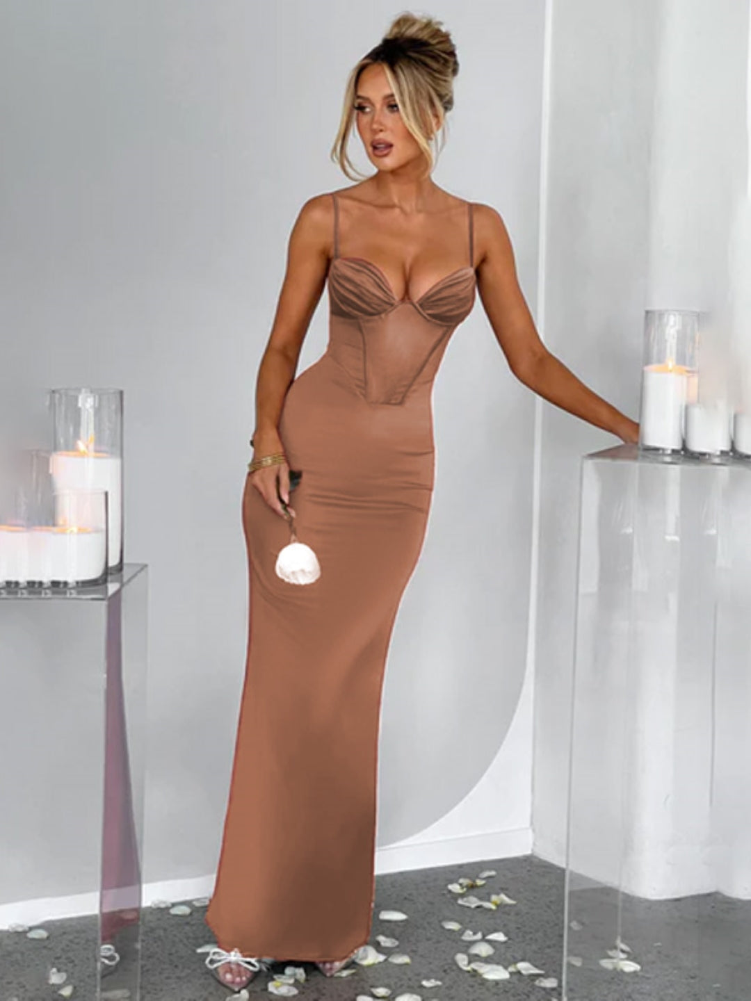 Brown Shoulder Straps Solid Sleeveless Maxi A-Line Polyester Dress