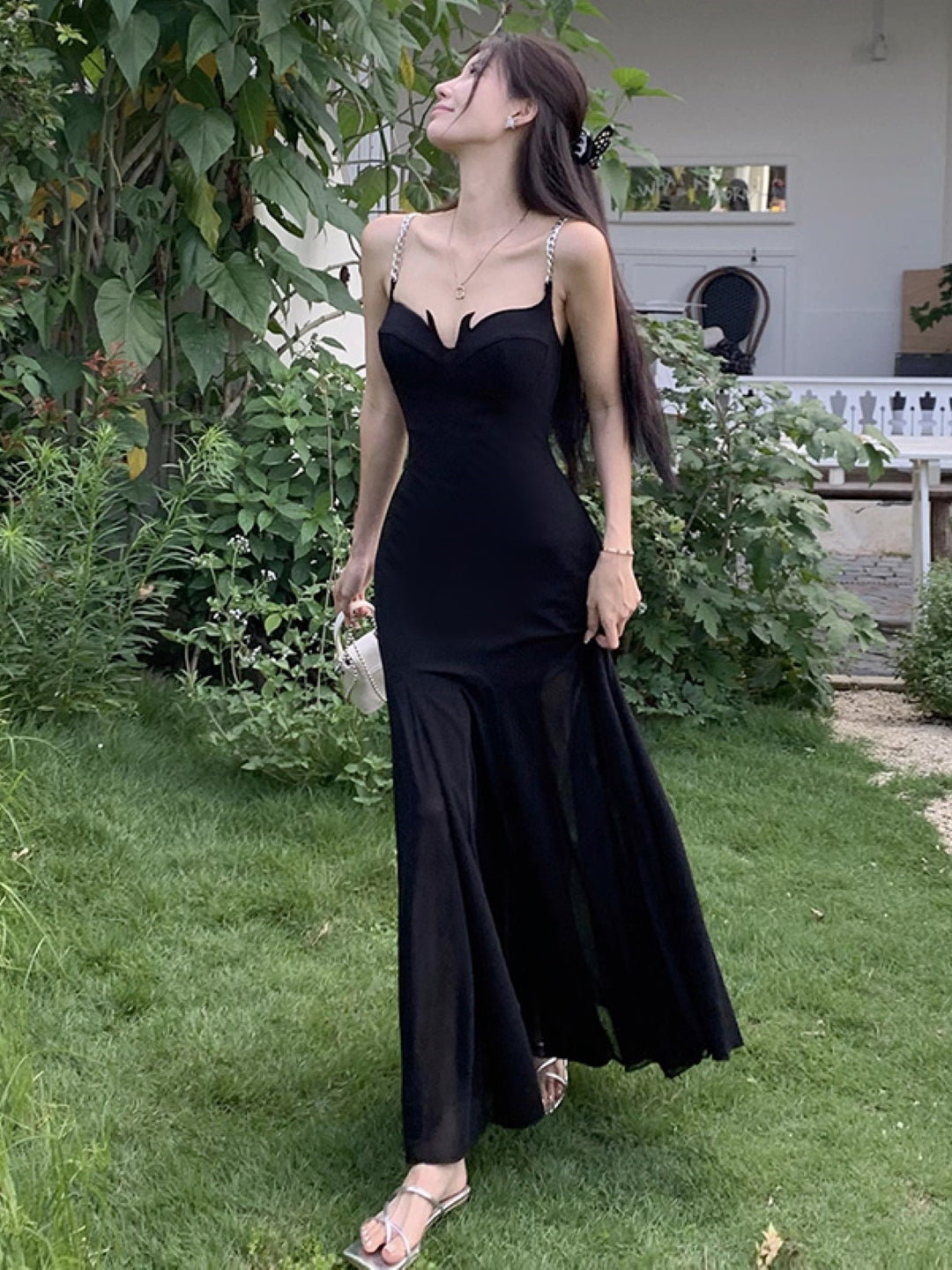 Black Shoulder Straps Solid Sleeveless Maxi A-Line Polyester Dress