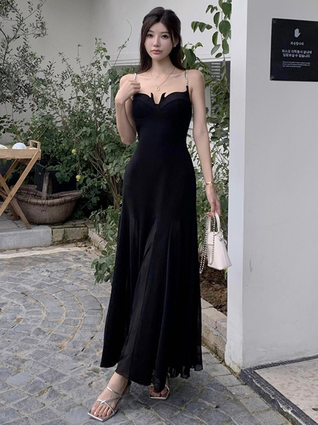 Black Shoulder Straps Solid Sleeveless Maxi A-Line Polyester Dress