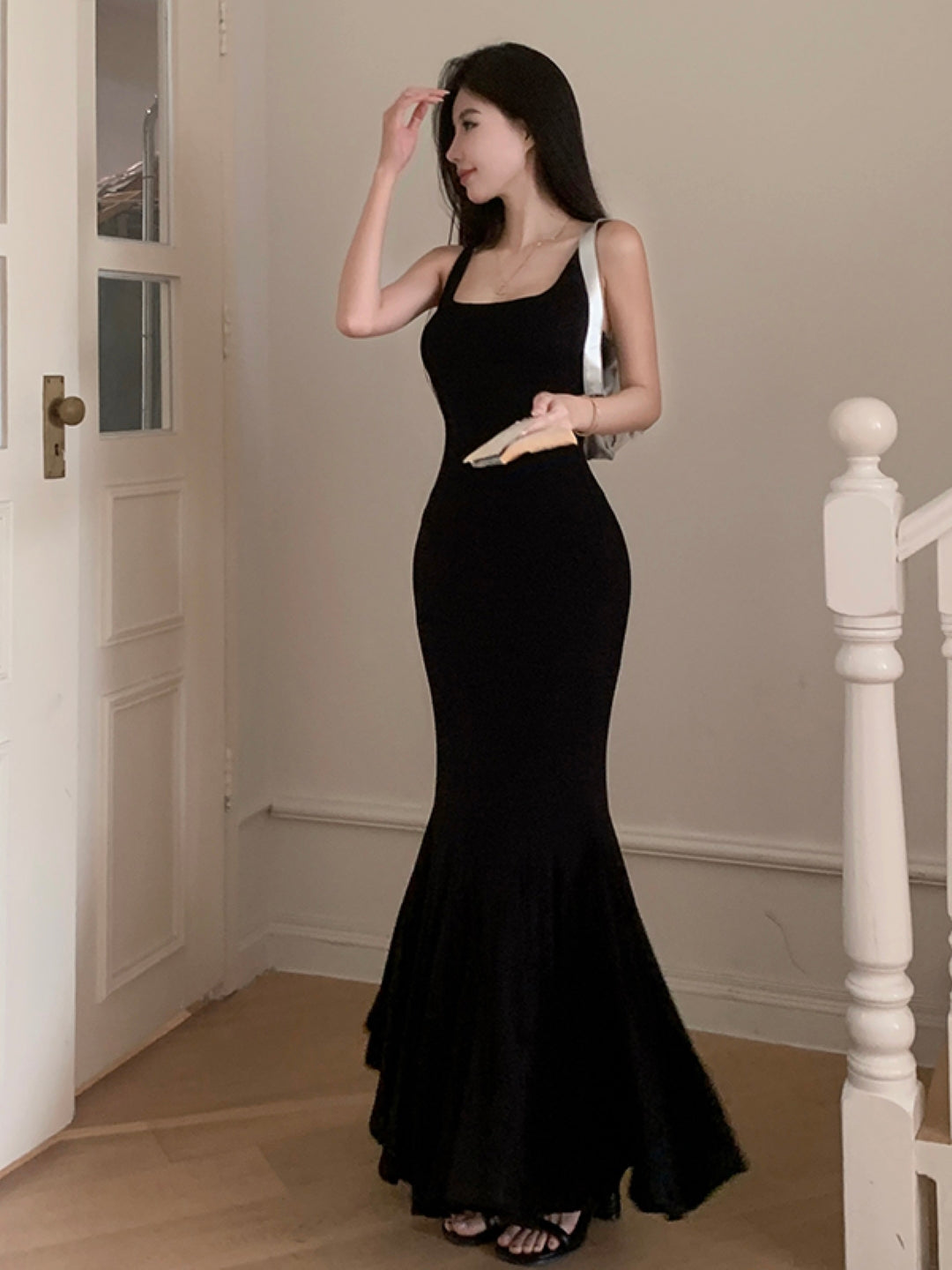 Black Shoulder Straps Solid Sleeveless Maxi A-Line Polyester Dress