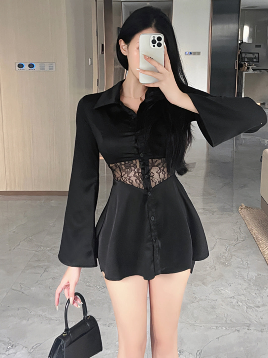 Black Shirt Collar Long Sleeves Solid Opaque Polyester Top