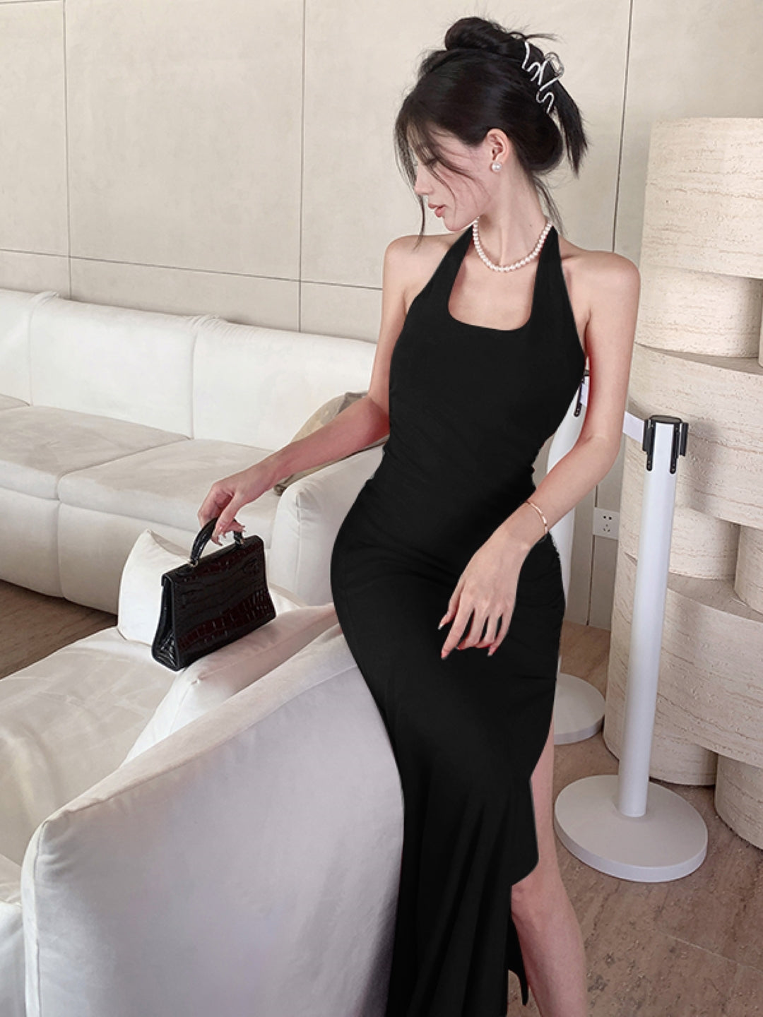 Black Square Neck Solid Sleeveless Maxi Bodycon Polyester Dress