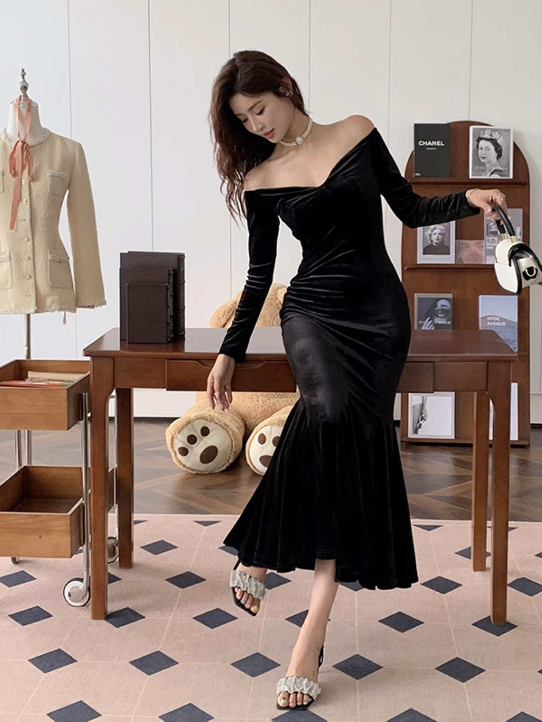 Black Off-Shoulder Solid Long Sleeves Maxi Bodycon Polyester Dress