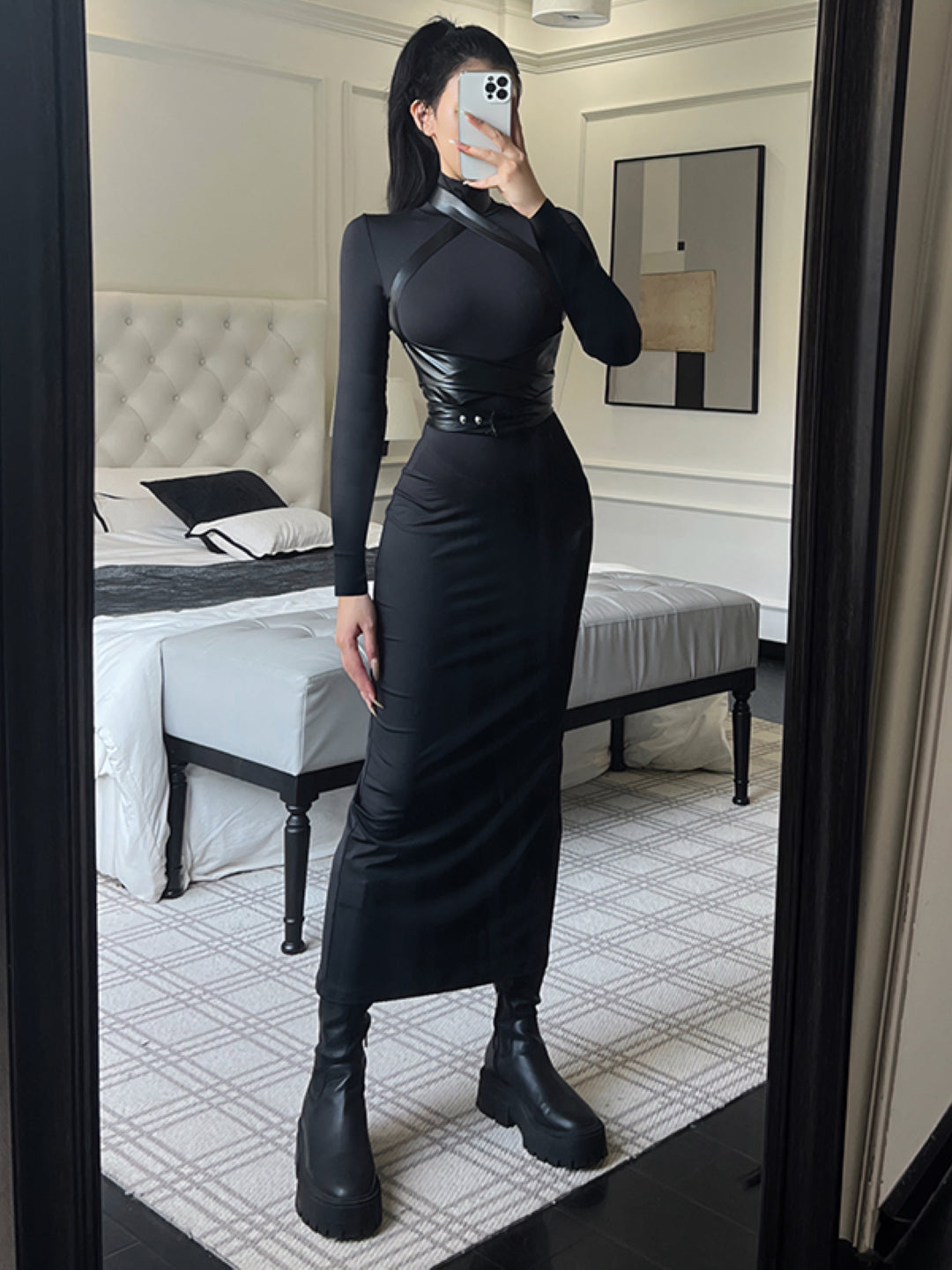 Black High Neck Solid Long Sleeves Maxi Bodycon Polyester Dress