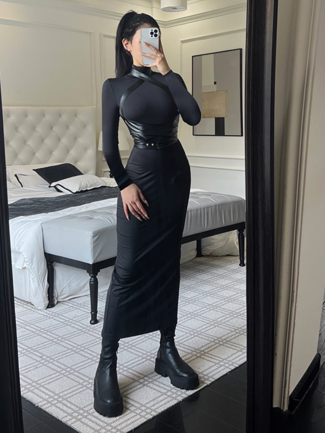 Black High Neck Solid Long Sleeves Maxi Bodycon Polyester Dress